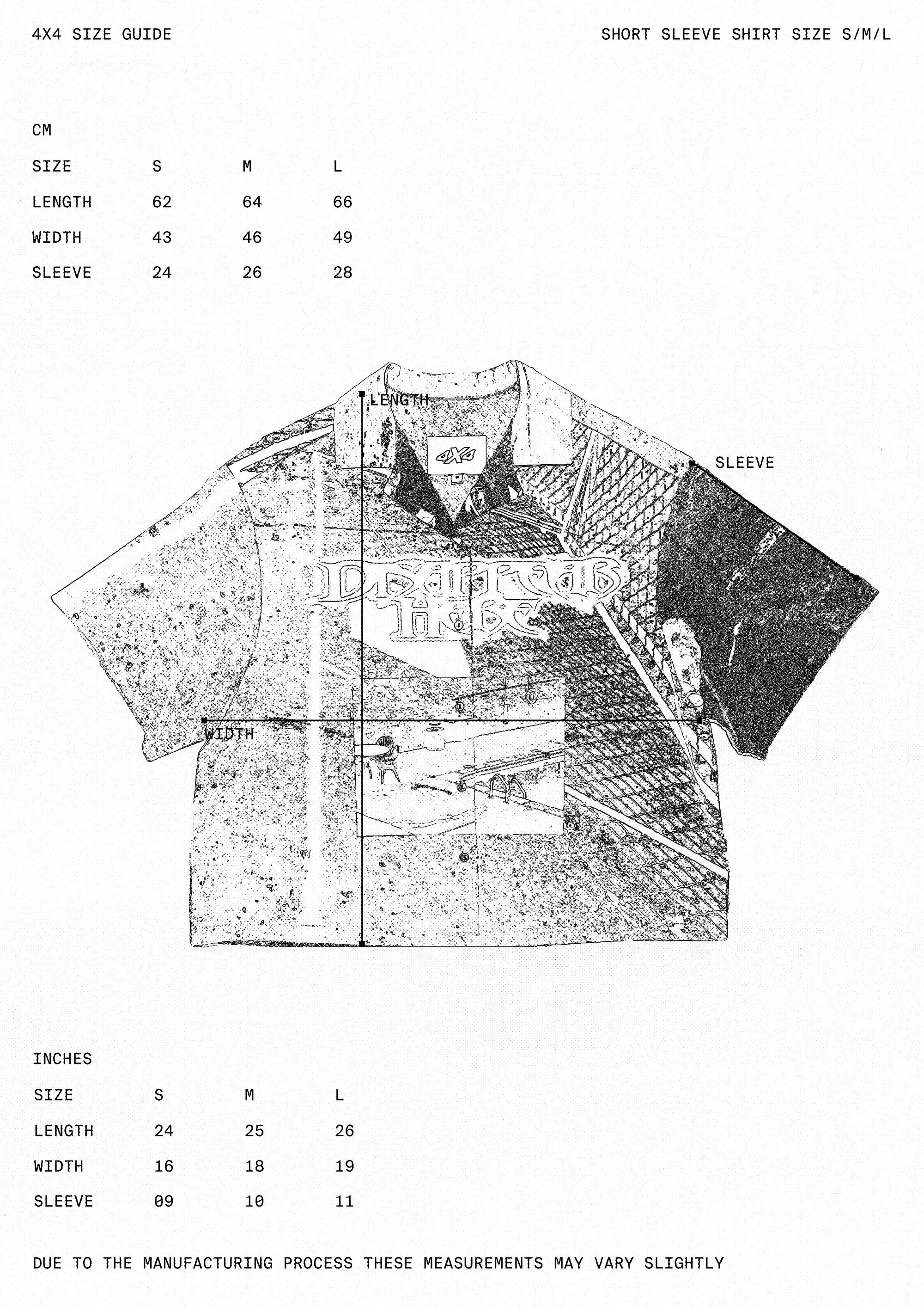 Size guide for a short-sleeve shirt with measurements in centimeters and inches.