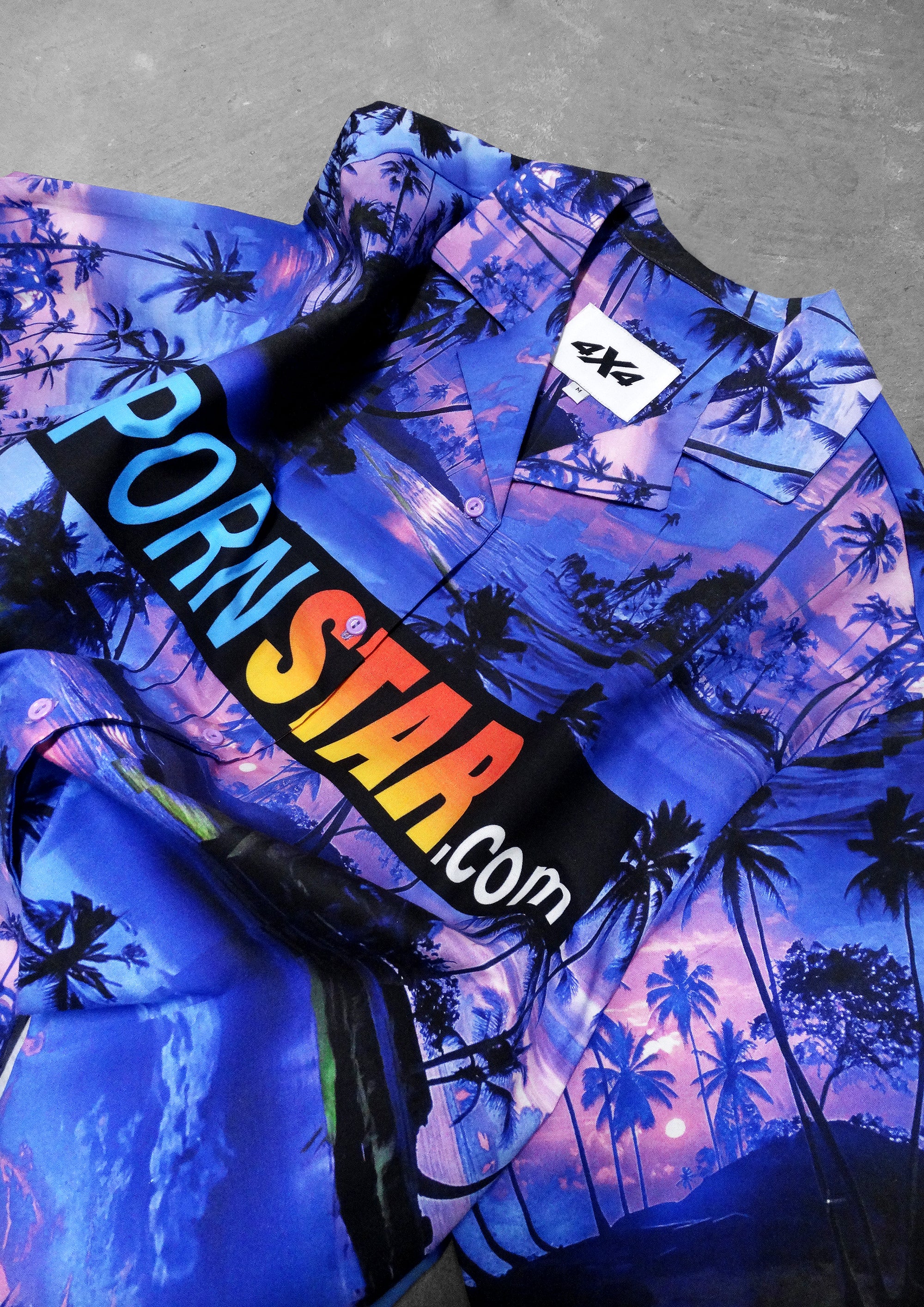 Hawaiian shirt with 'Pornstar.com' logo and palm tree design