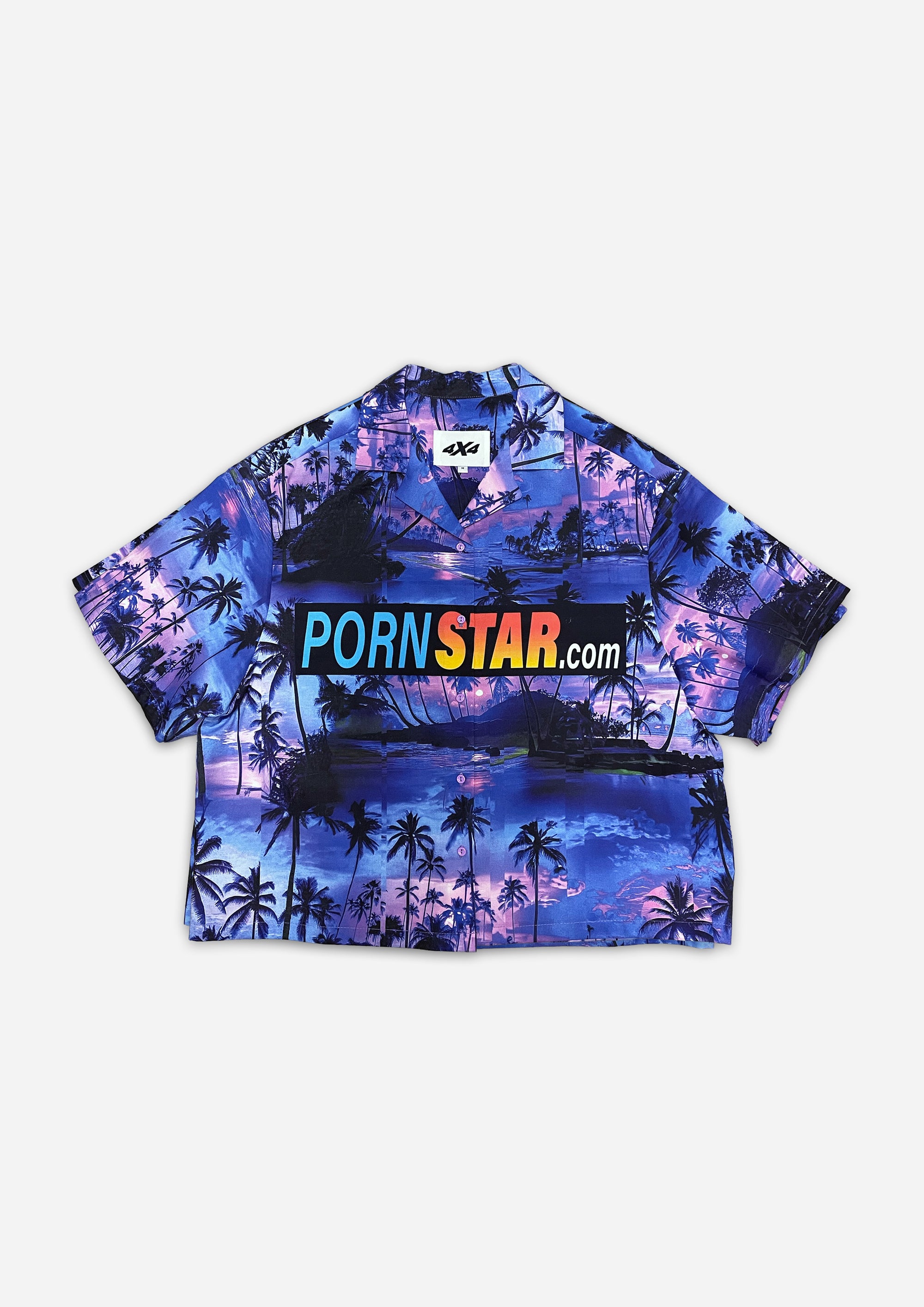 Tropical-themed shirt with 'Pornstar.com' text on a white background
