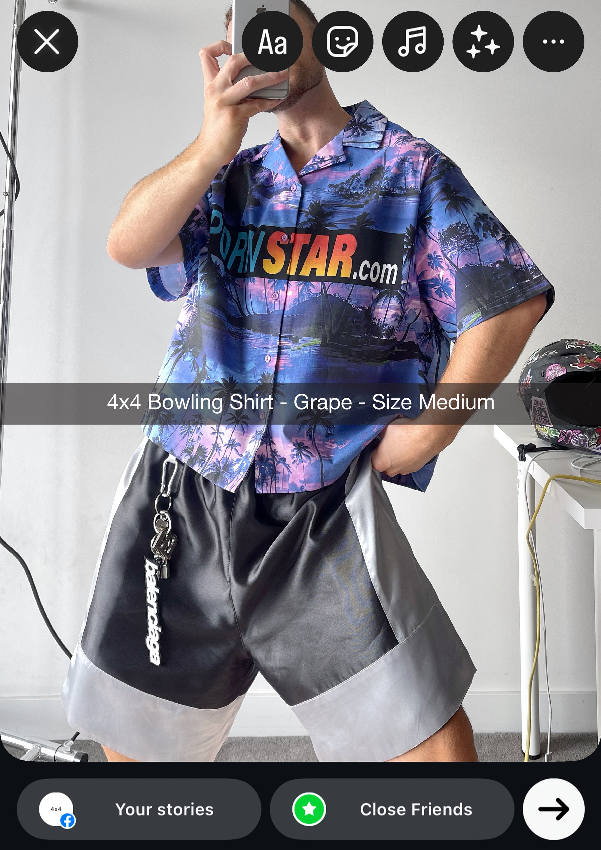 Person wearing a colorful '4x4 Bowling Shirt' with text overlay on a plain background