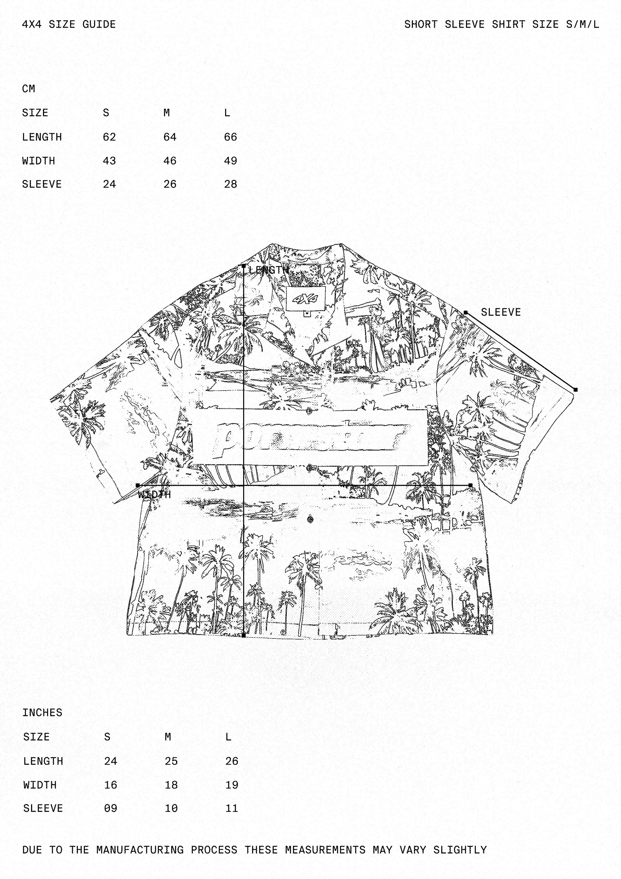 Measurement chart for a short-sleeve shirt with size guide in centimeters and inches.