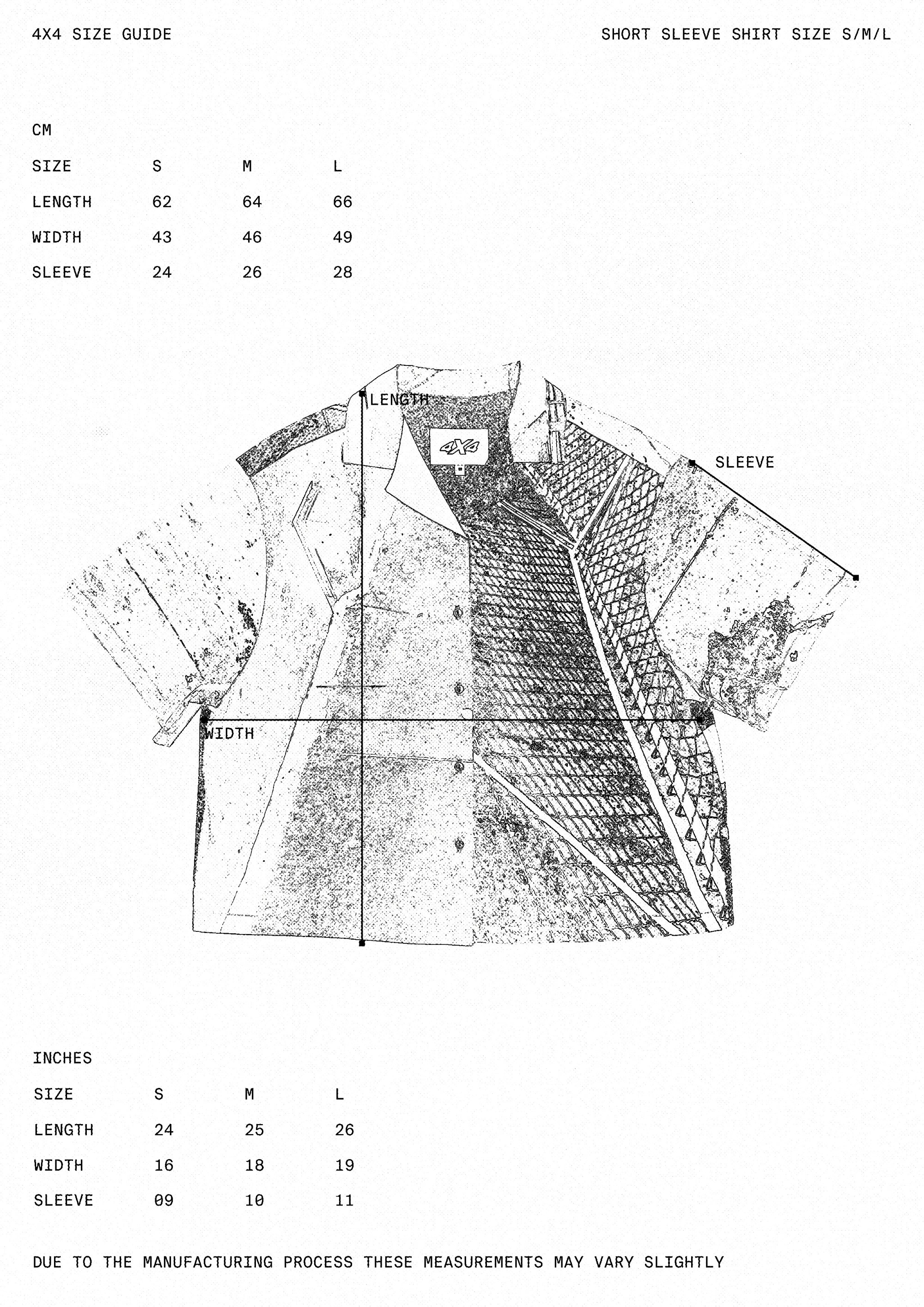 Measurement chart for short-sleeve shirts with size guide in centimeters and inches.