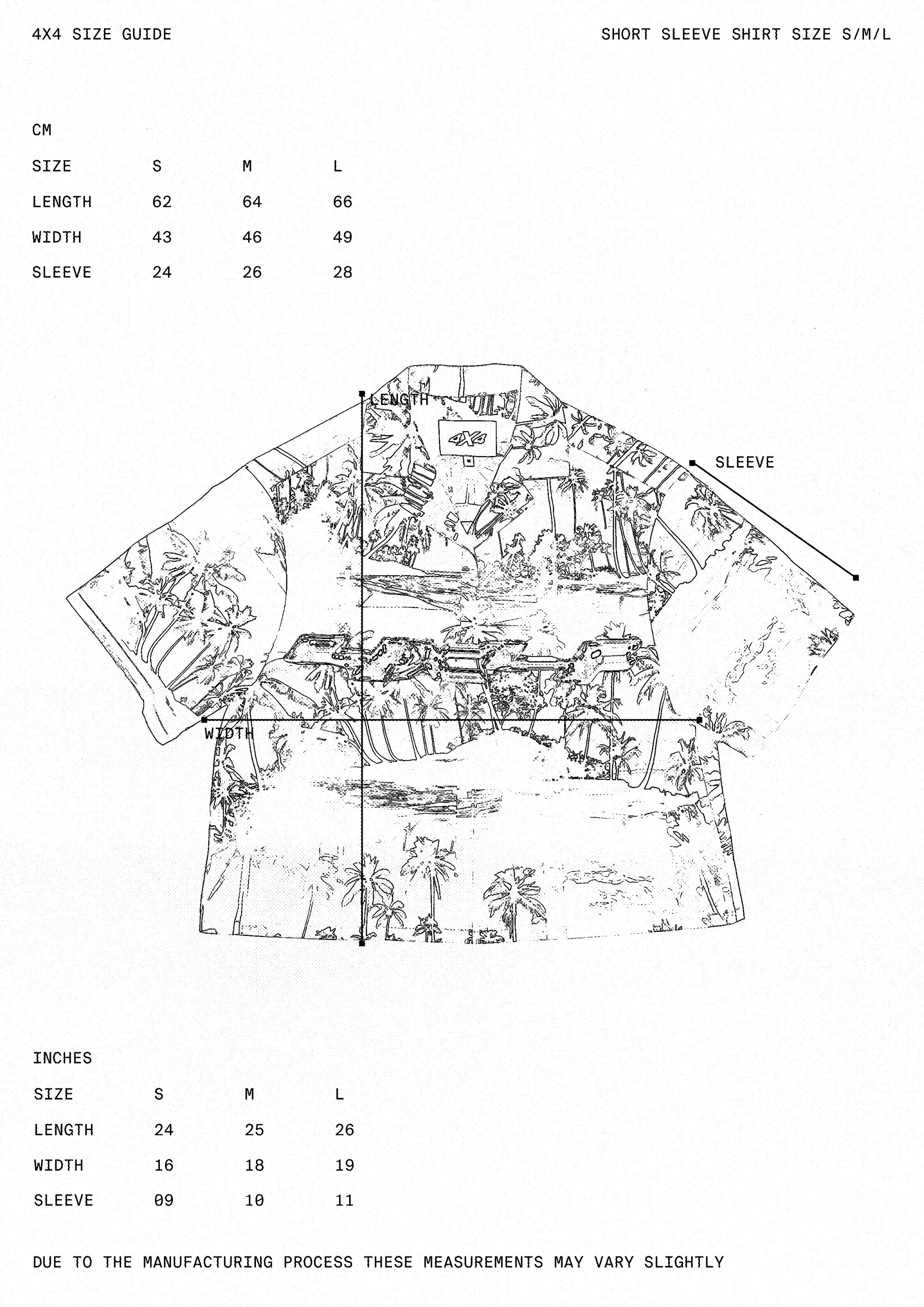 Size guide for a short-sleeve shirt with measurements in centimeters and inches.