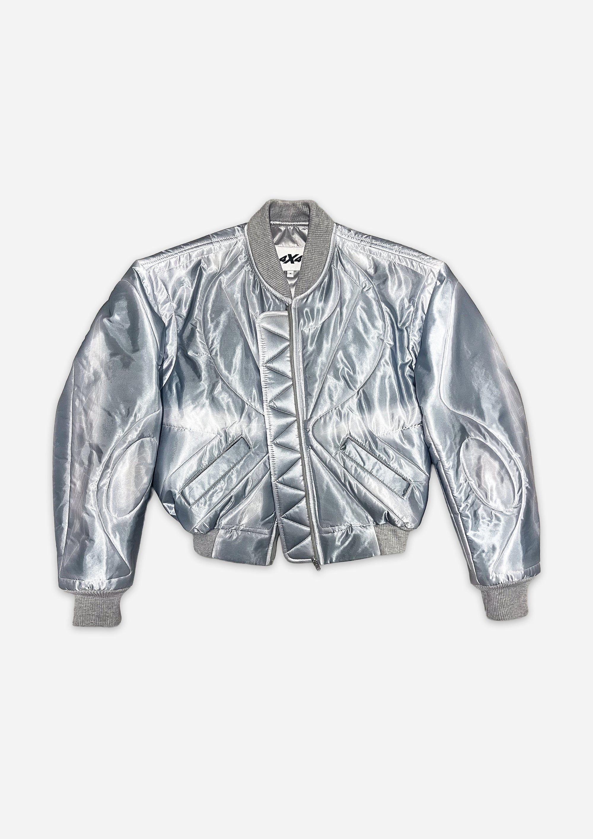 Silver metallic bomber jacket on a white background