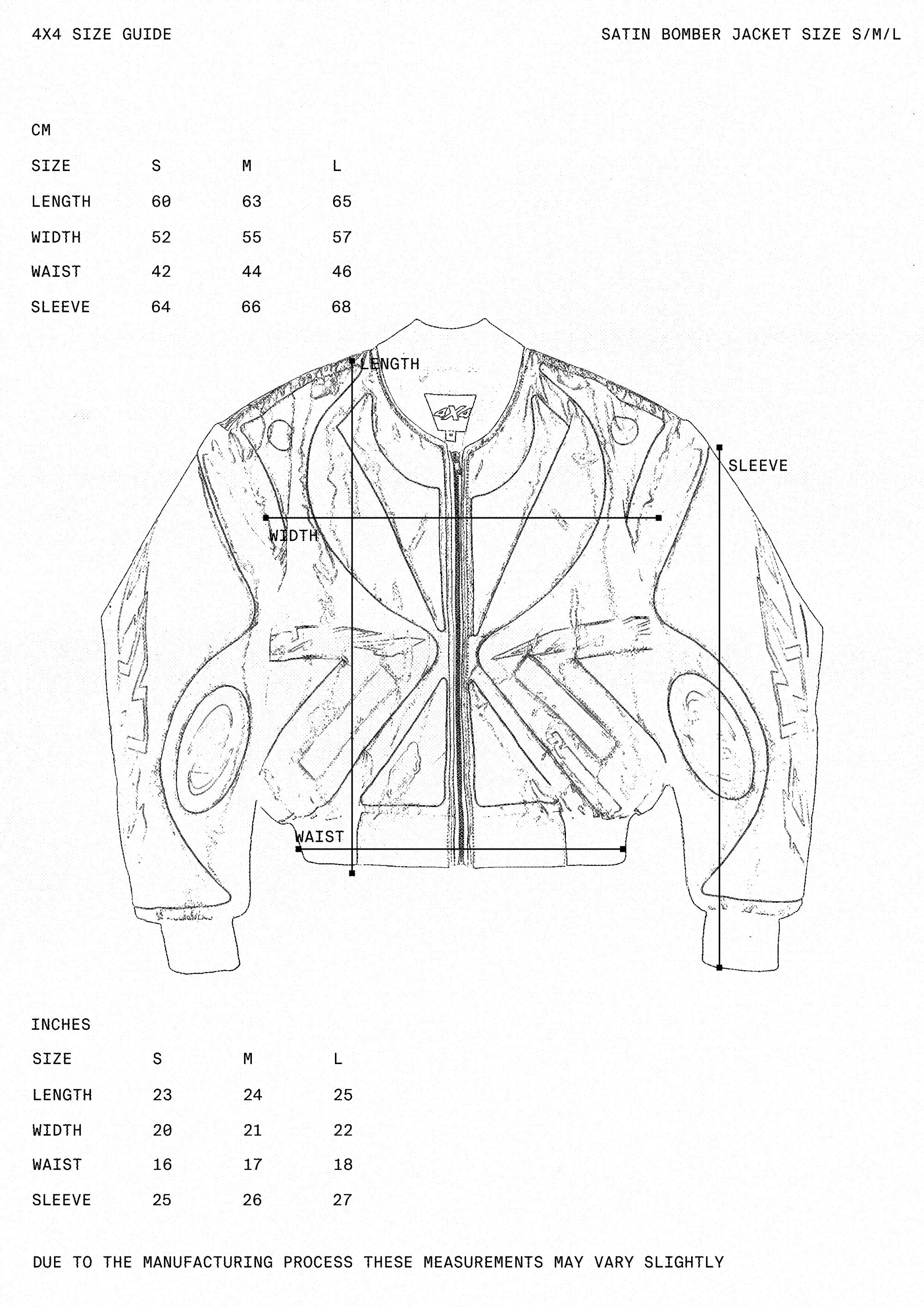 Satin bomber jacket size guide with measurements in centimeters and inches.