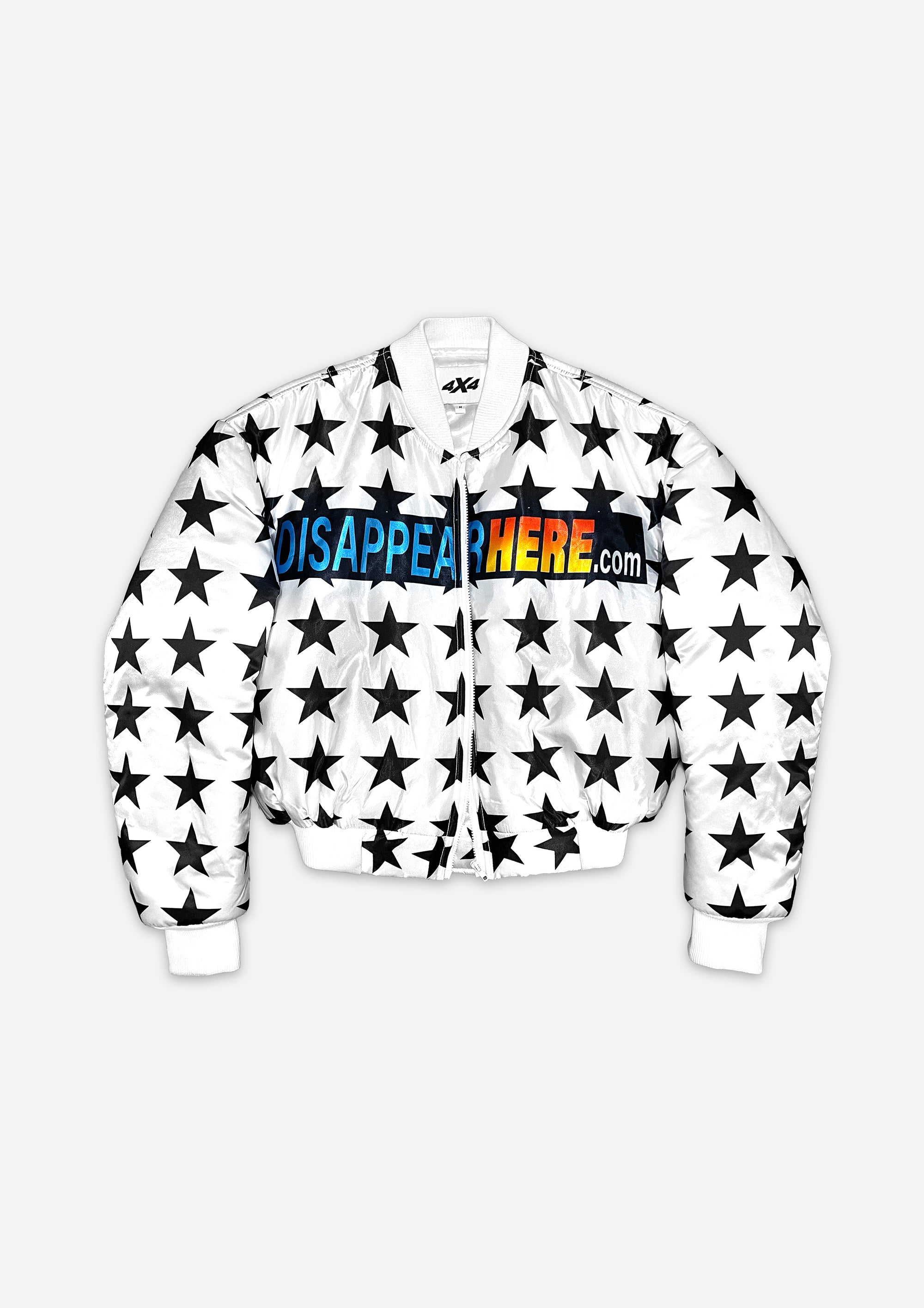 White bomber jacket with black star pattern and colorful text on a white background