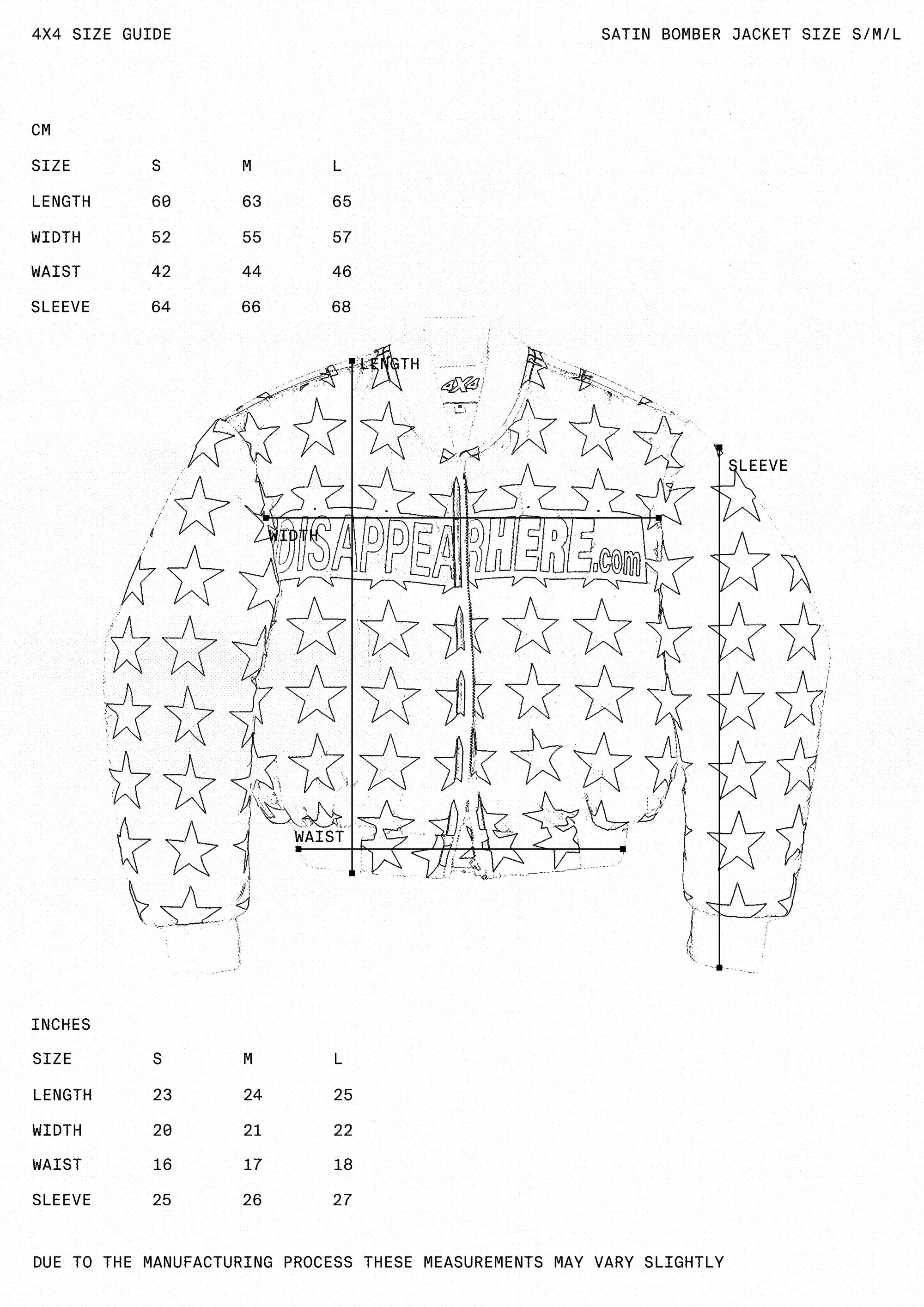 Size guide for a satin bomber jacket with star pattern, showing measurements in centimeters and inches.