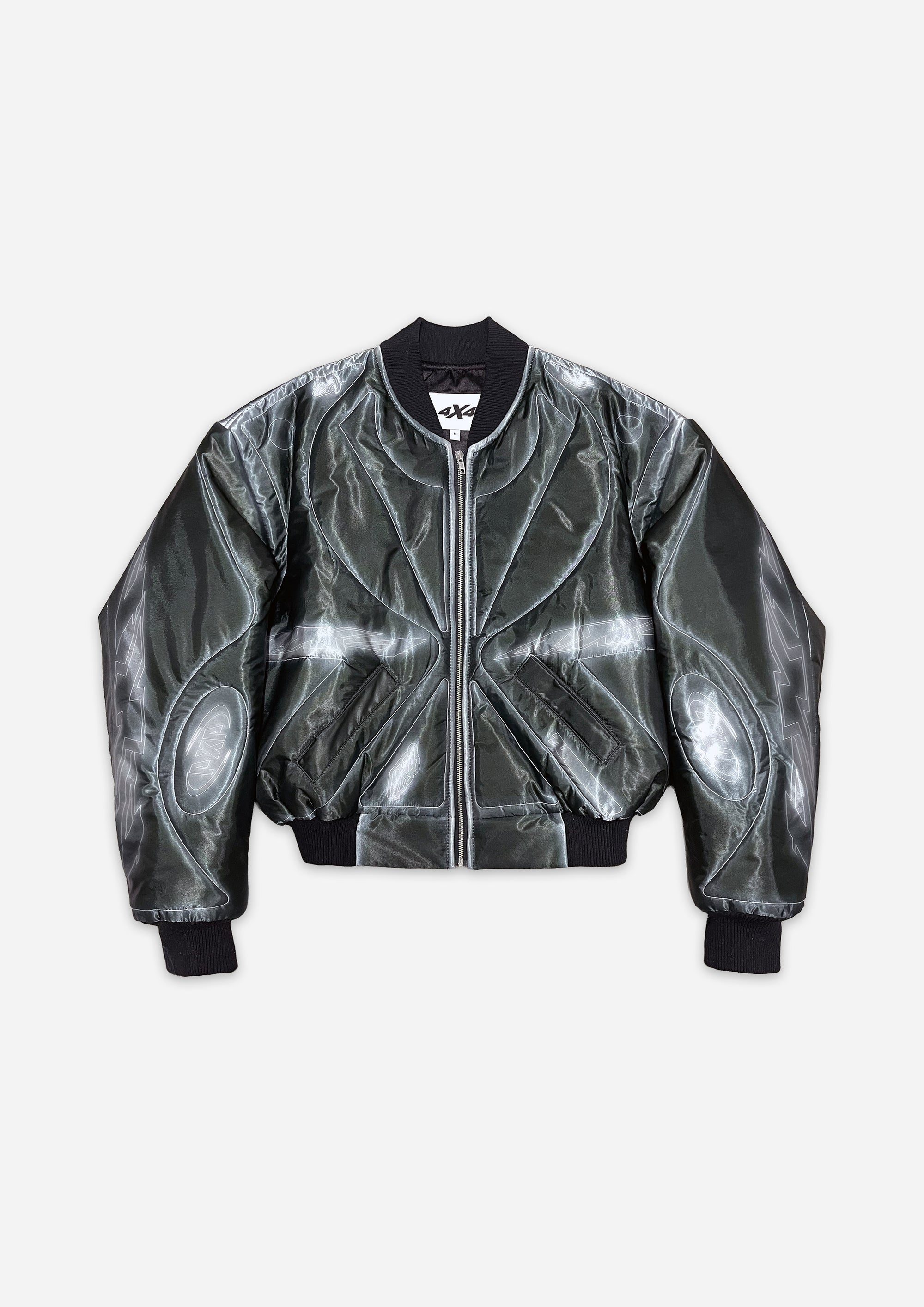 Black and gray jacket with reflective design on a white background