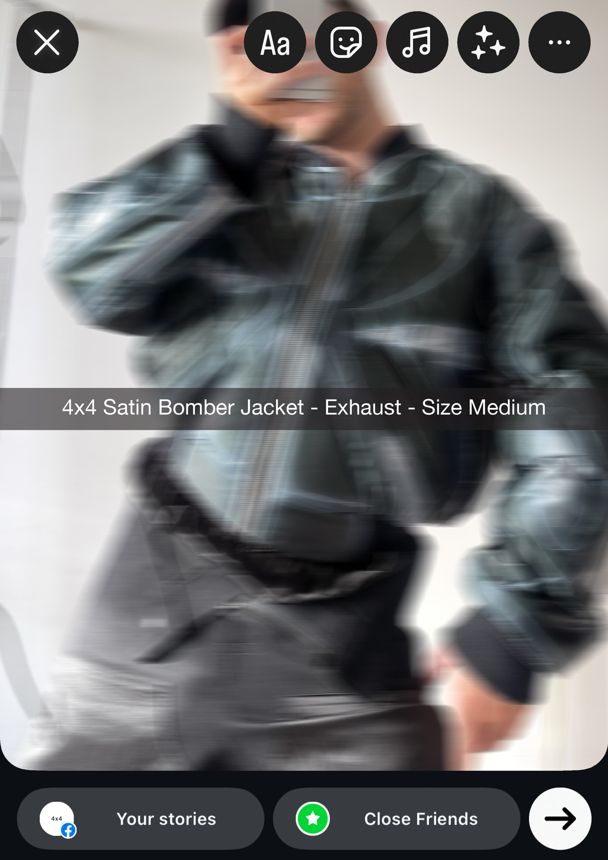 4x4 satin bomber jacket labeled 'Exhaust' in a photo filter app interface.