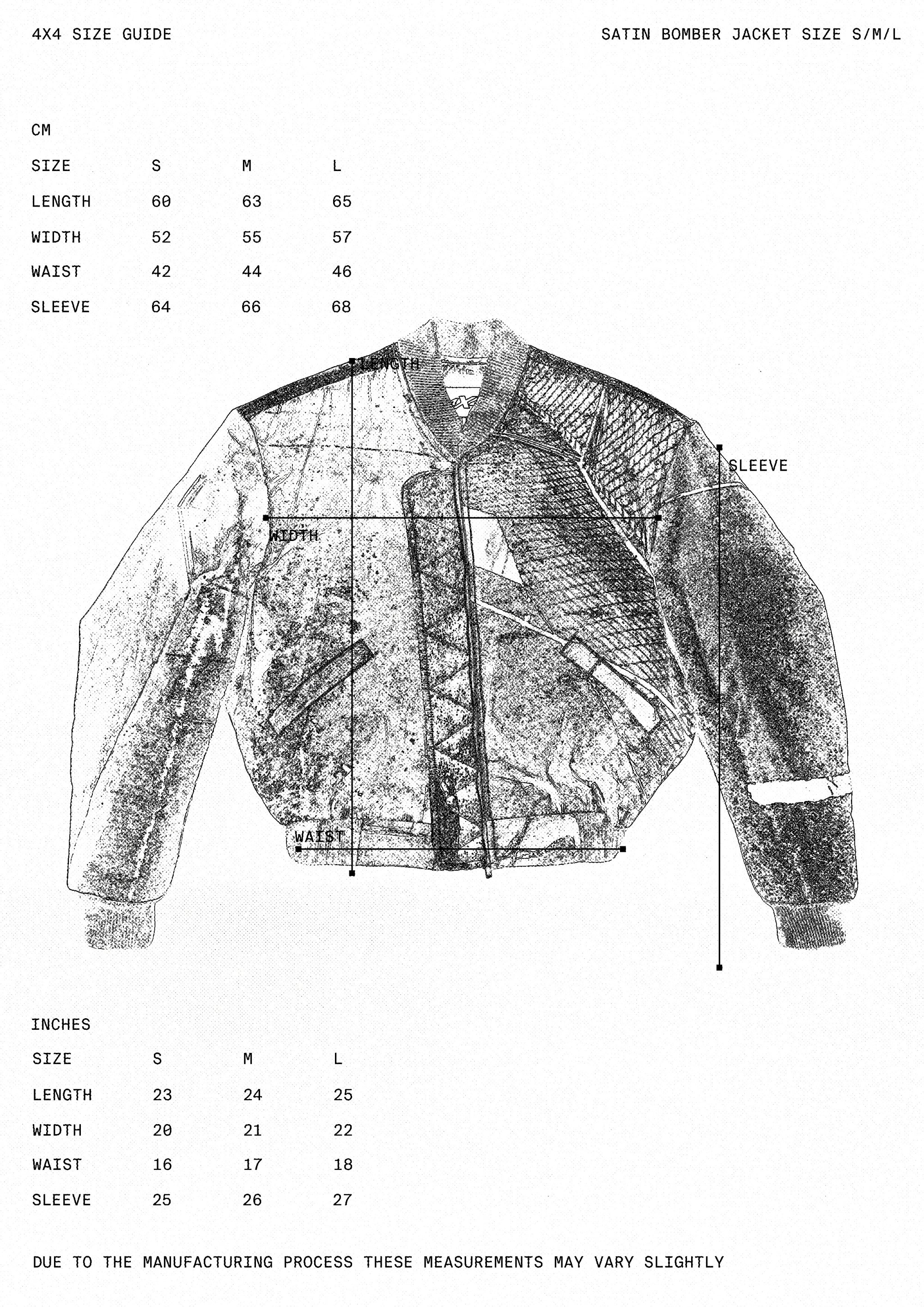Satin bomber jacket size guide with measurements in centimeters and inches.