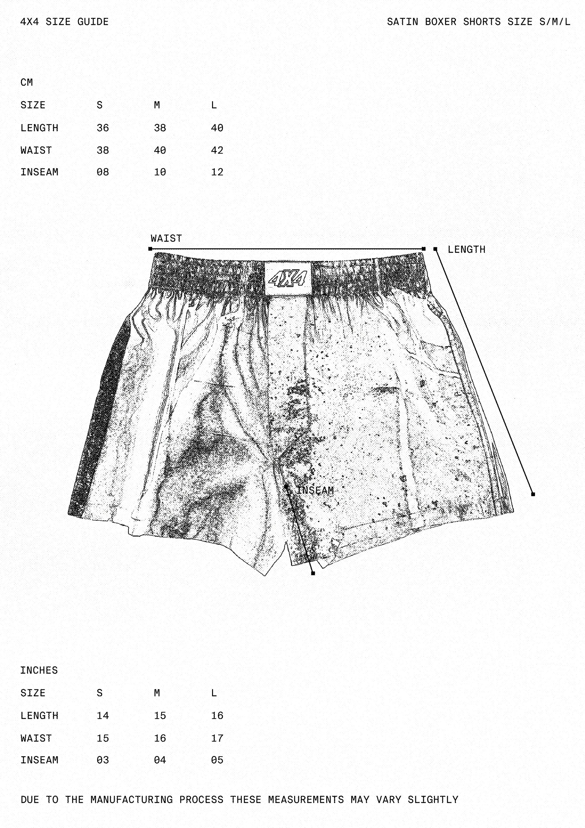 Size guide for satin boxer shorts with measurements in centimeters and inches.