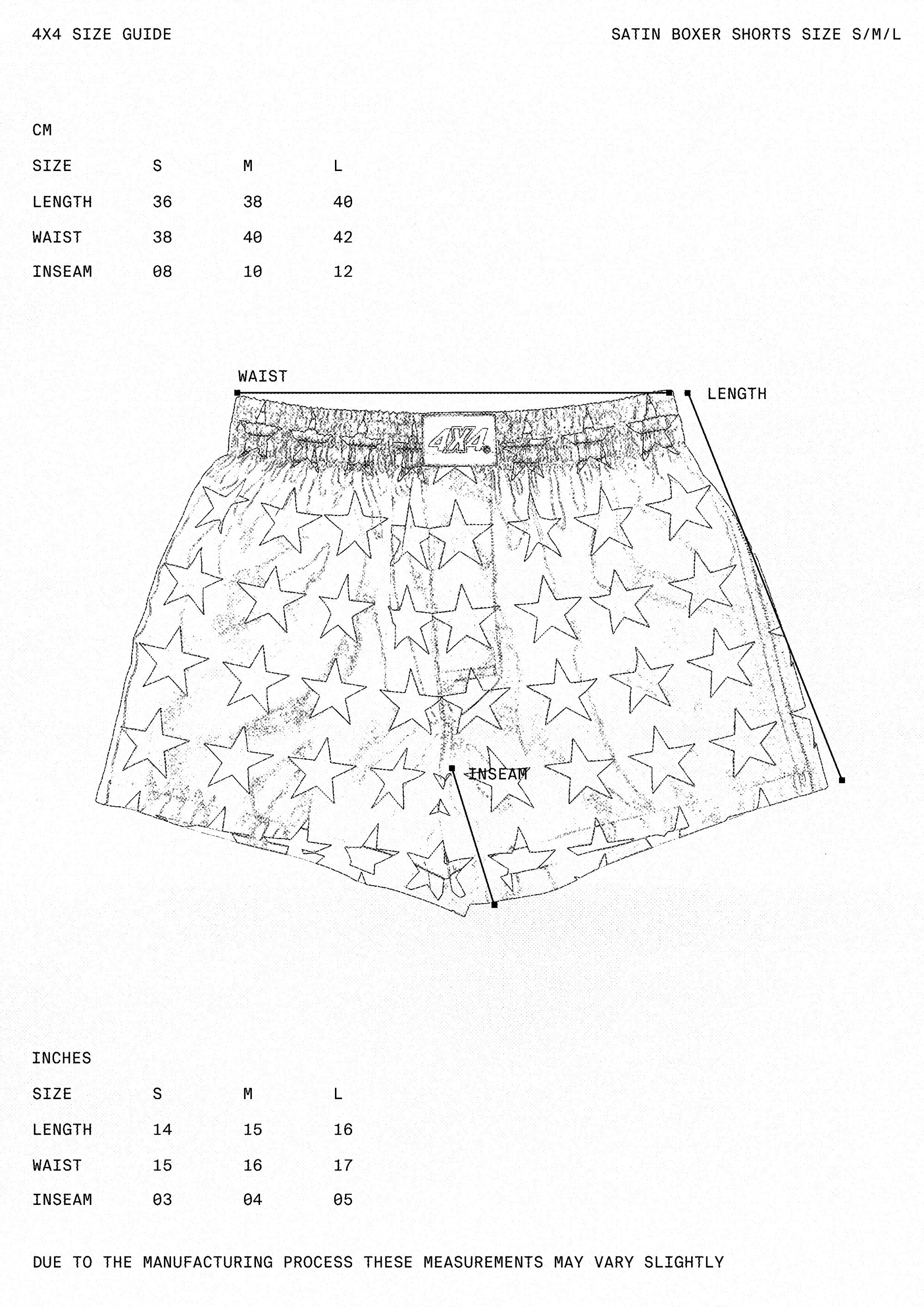 Size guide for satin boxer shorts with star pattern, showing measurements in centimeters and inches.