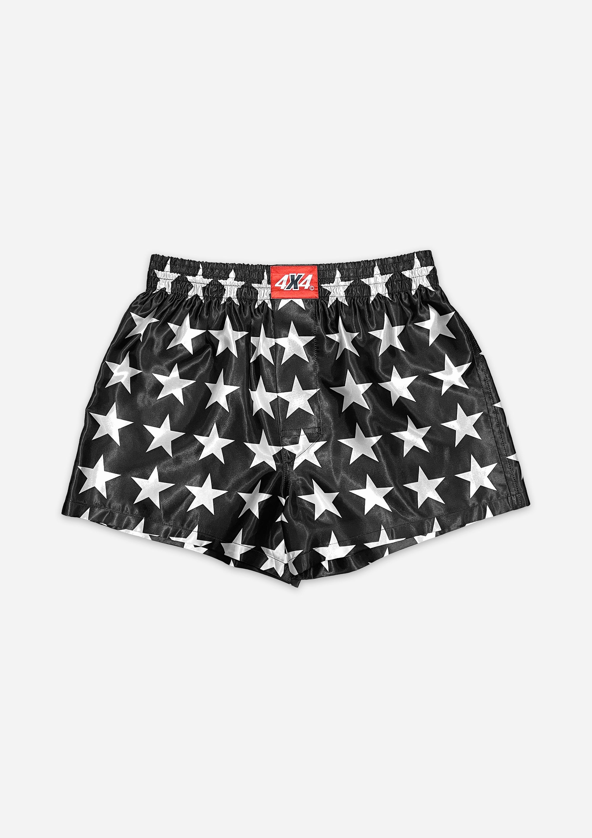 Black shorts with white star pattern on a white background