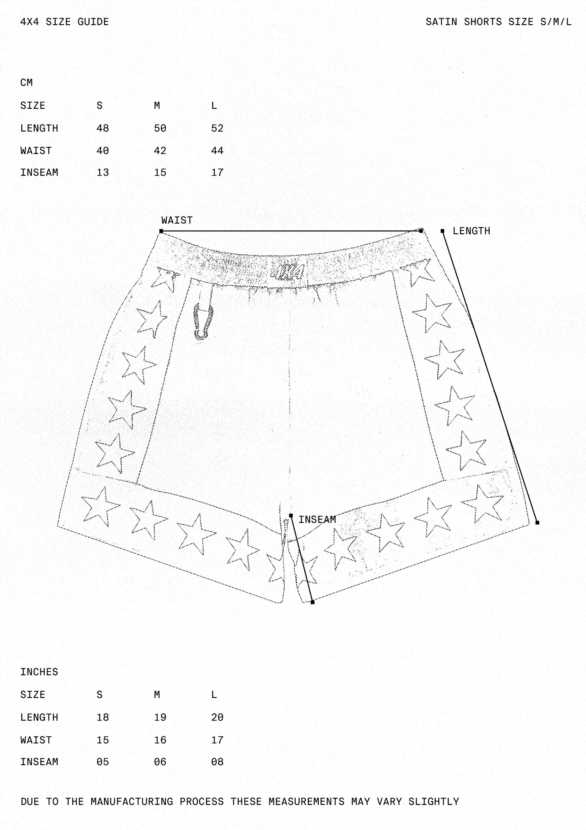 Satin shorts size guide with measurements in centimeters and inches.