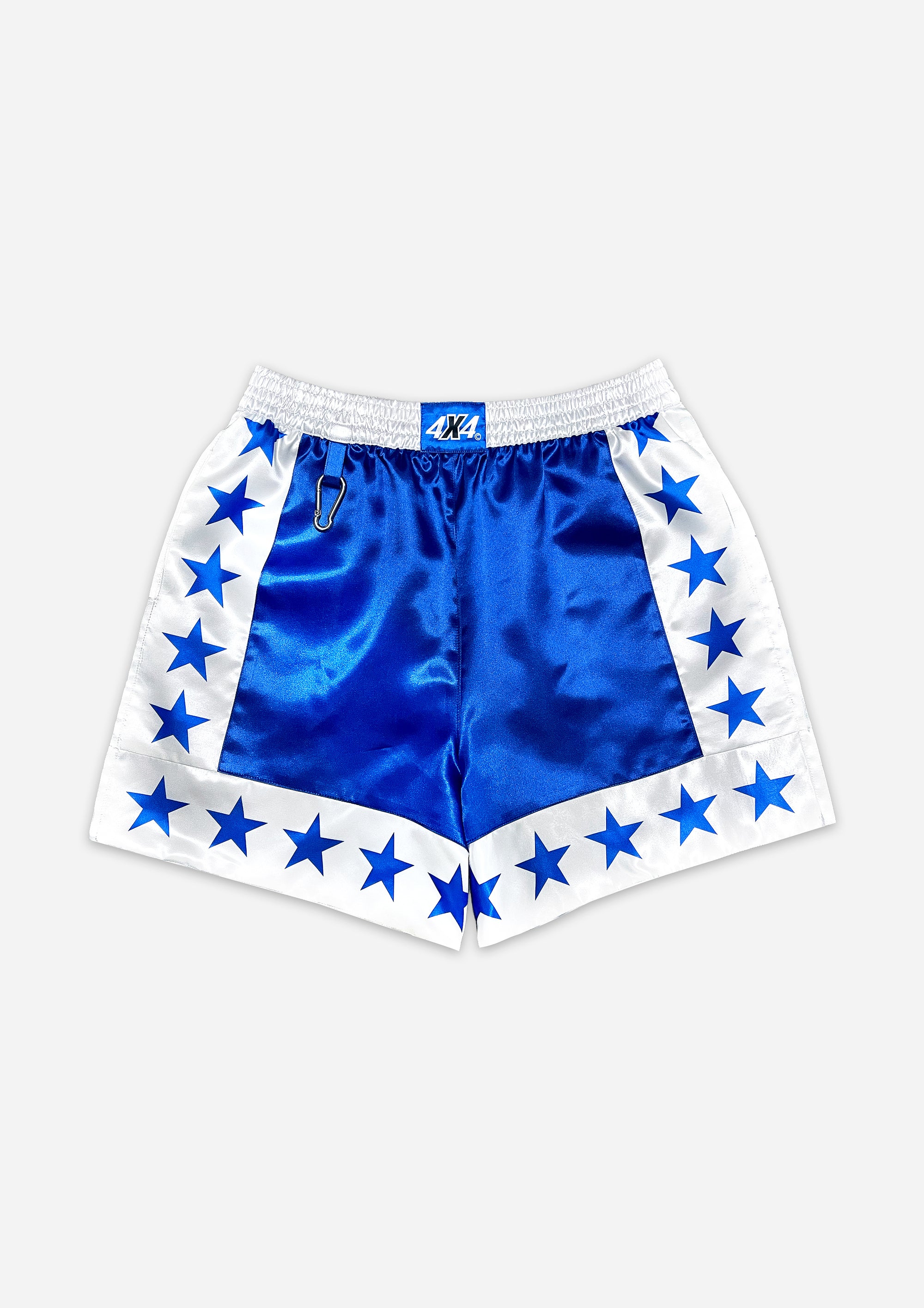 Blue satin shorts with star patterns on a white background