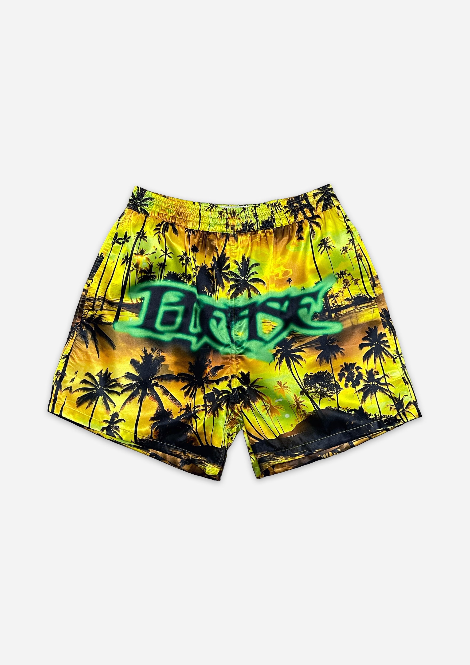 Tropical patterned shorts with a brand logo on a white background
