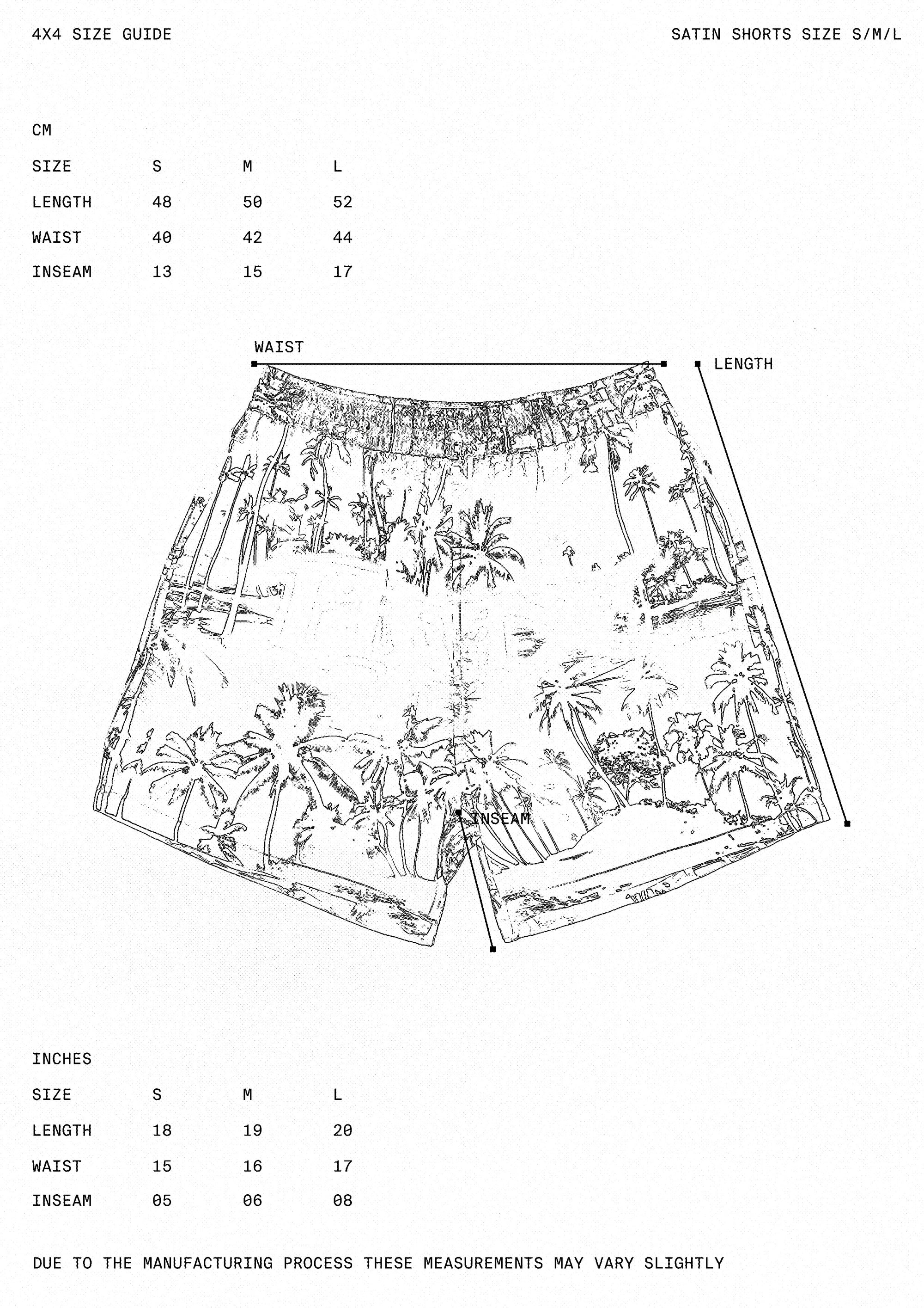 Size guide for satin shorts with measurements in centimeters and inches.