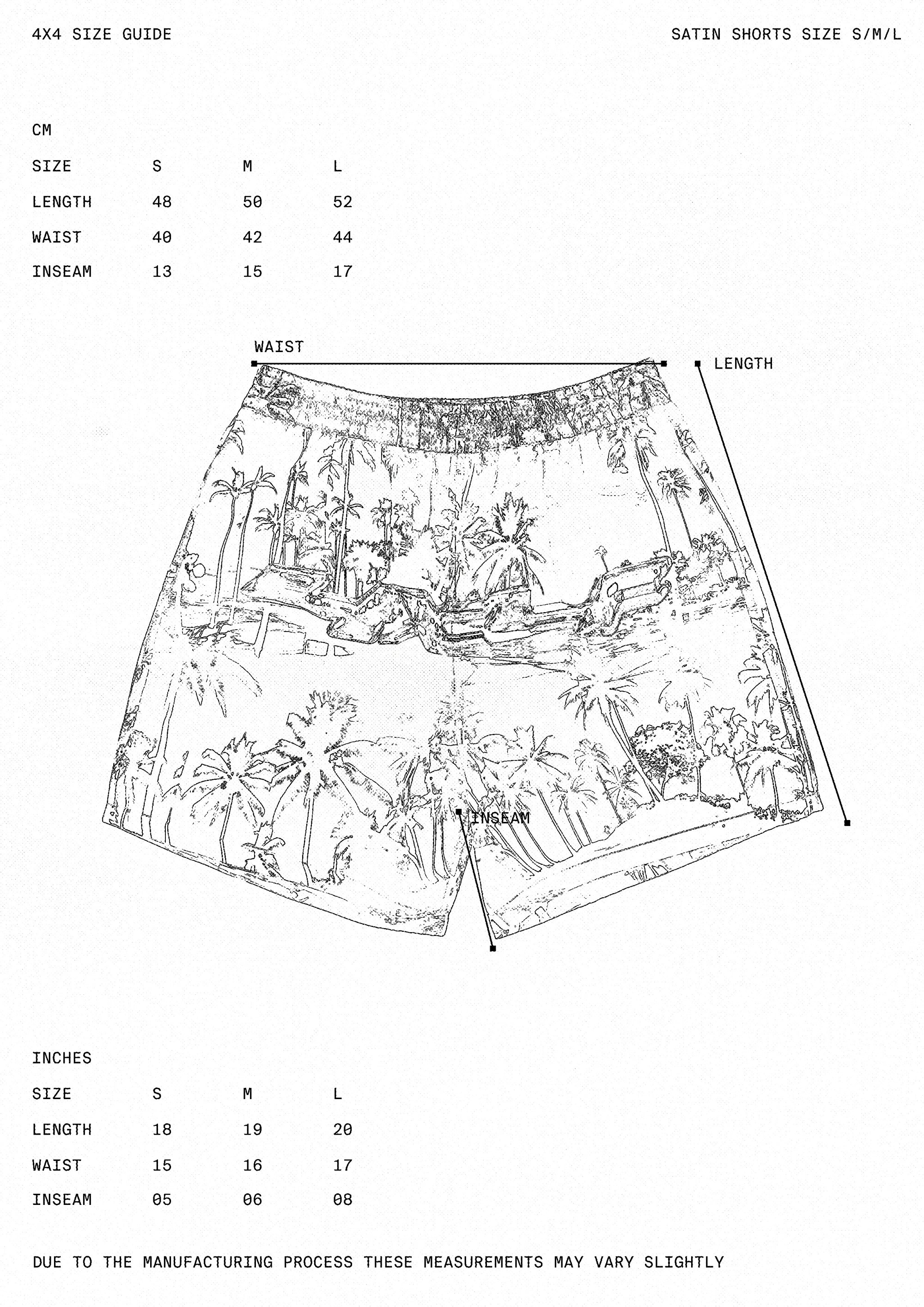 Sizing chart for satin shorts with measurements in centimeters and inches.