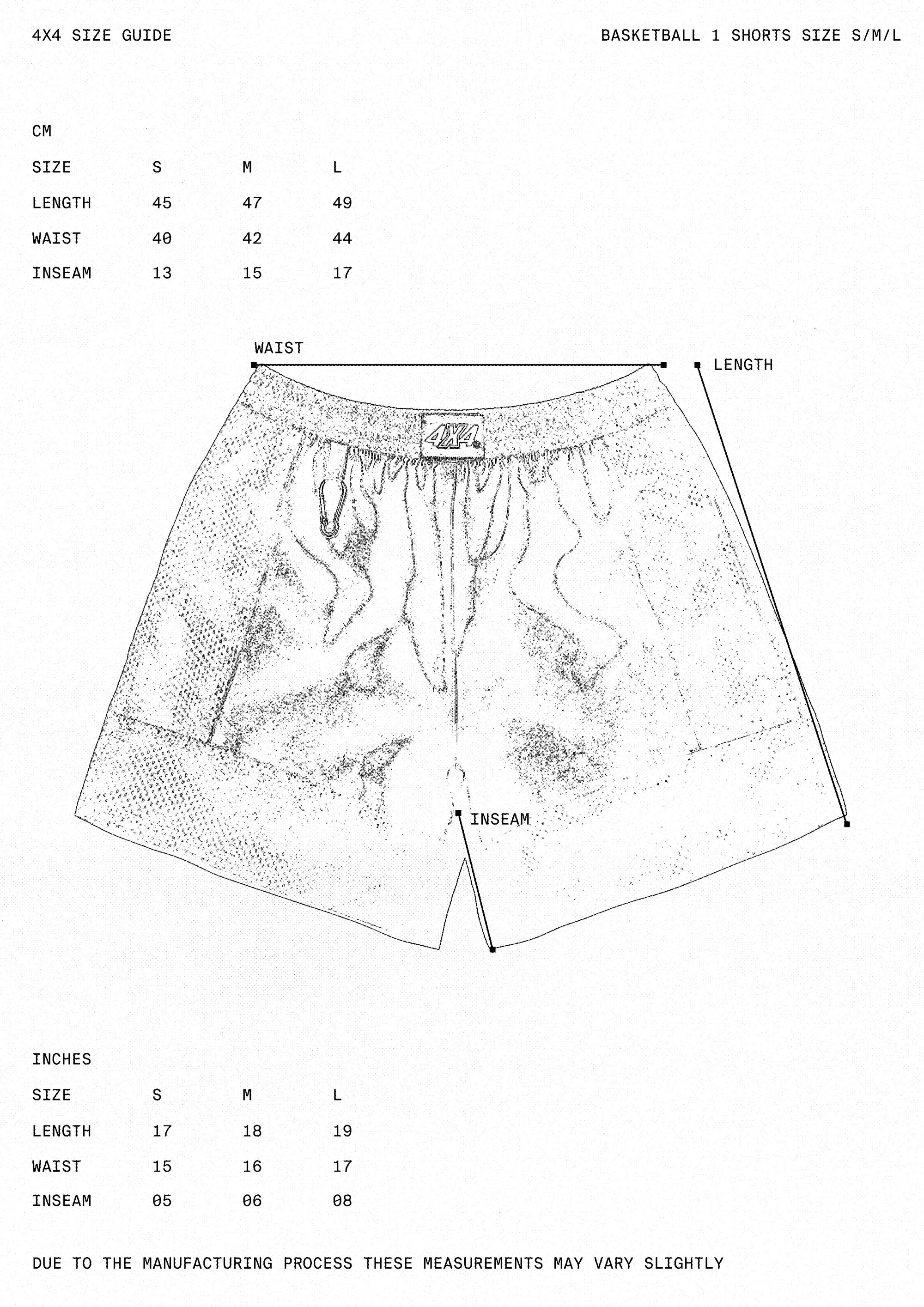 Basketball shorts size guide with measurements in centimeters and inches.