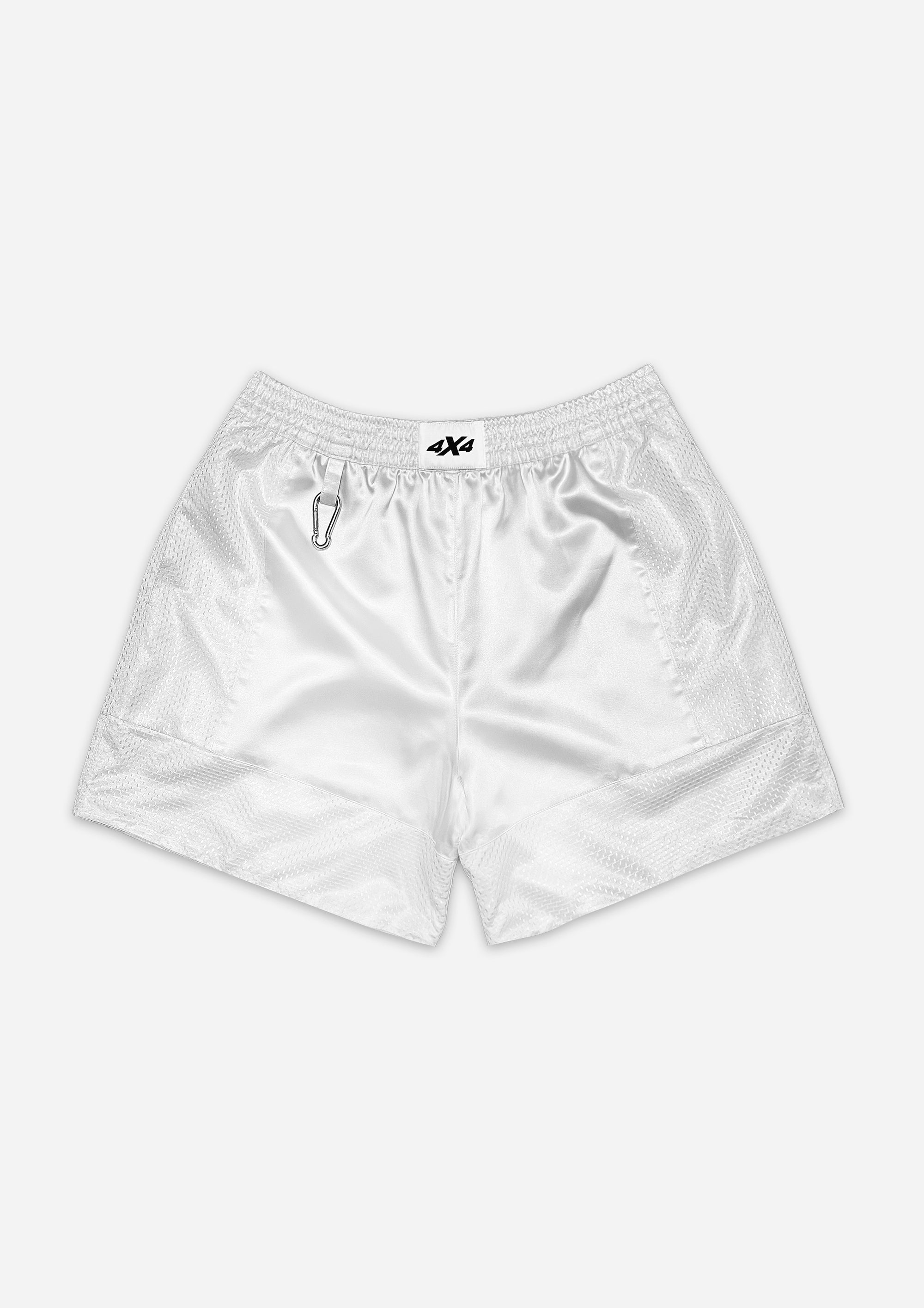 White shorts with a brand logo on a white background