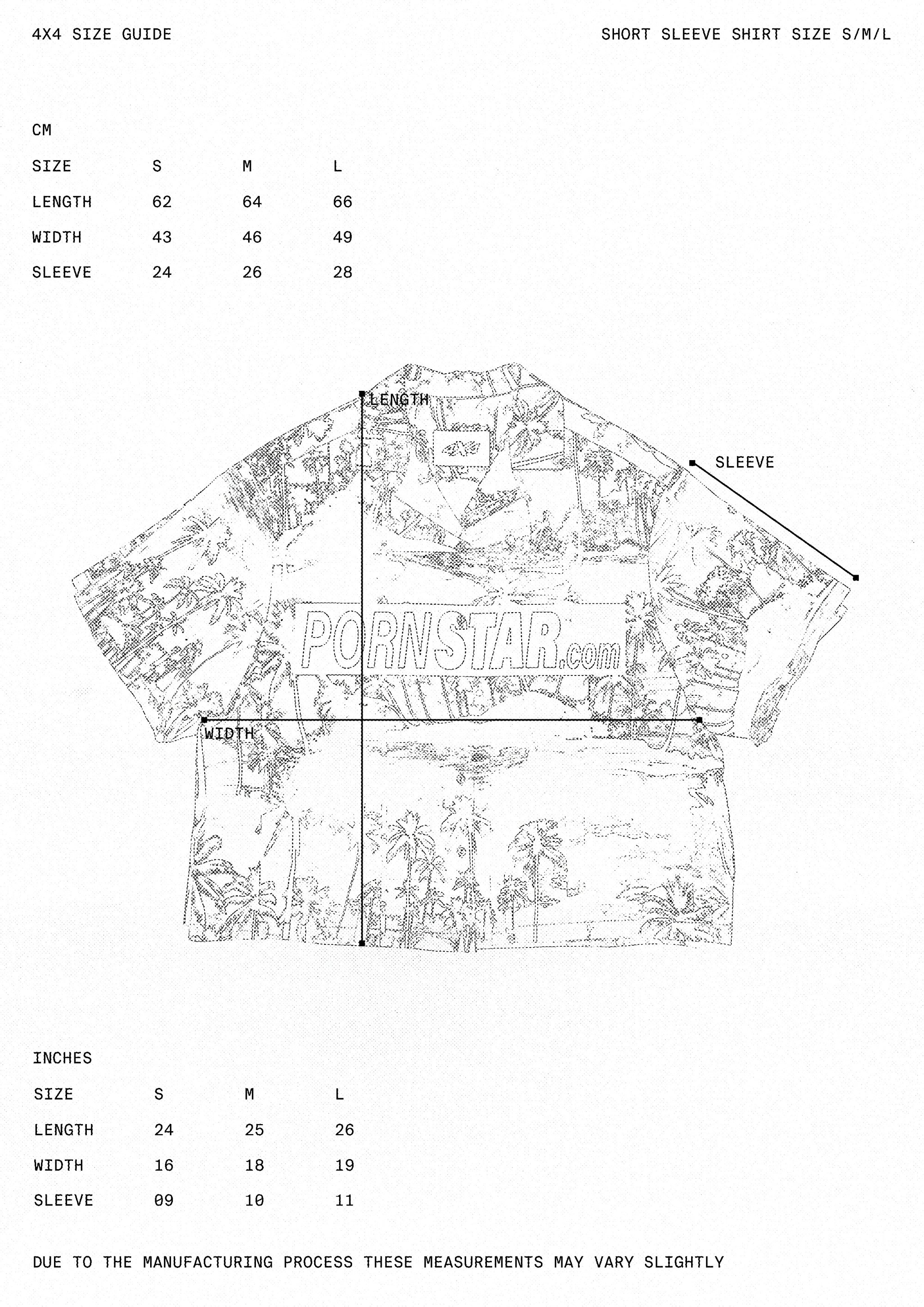 Size guide for a short-sleeve shirt with measurements in centimeters and inches, featuring the brand 'Pornstar'.
