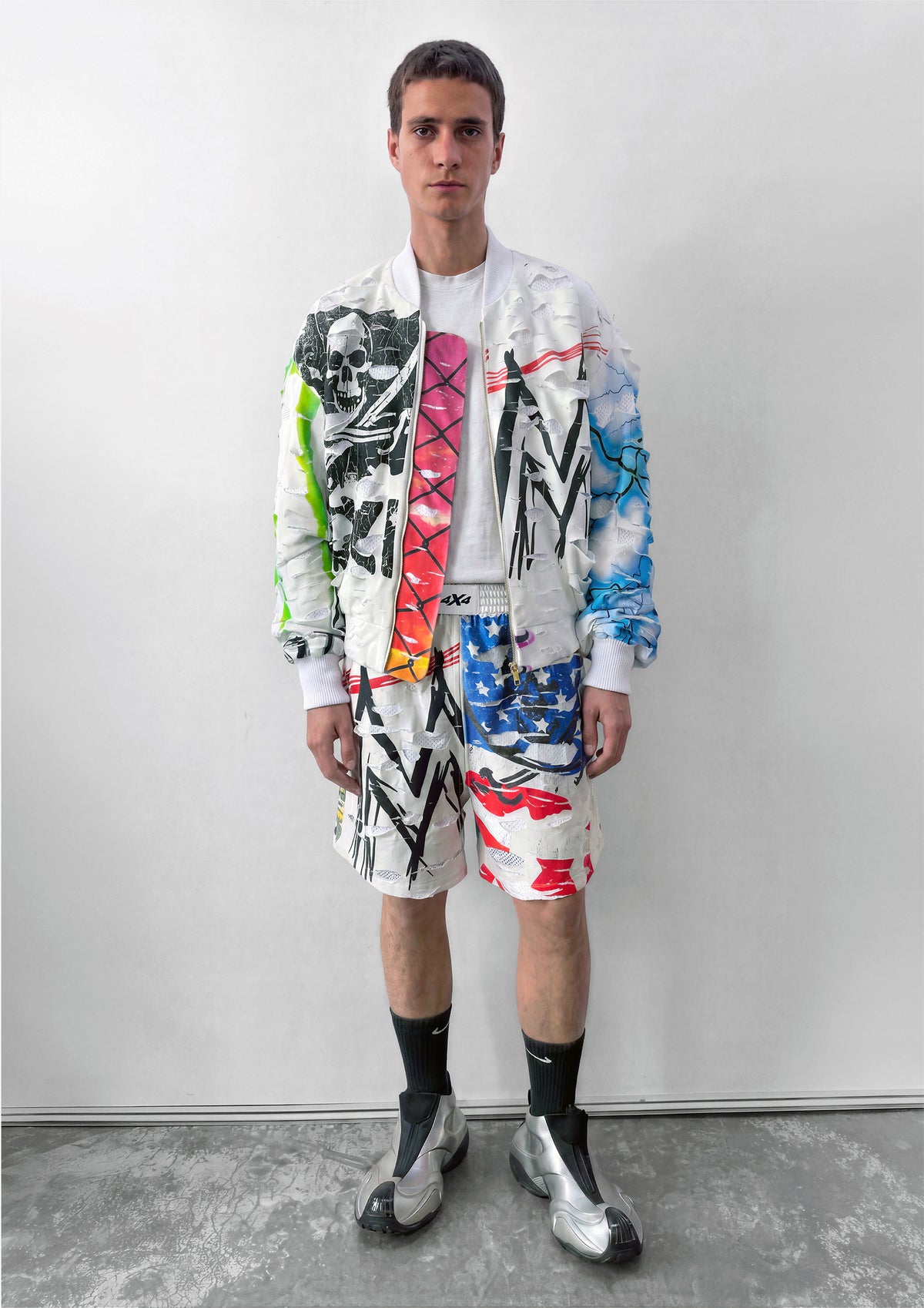 SHREDDED BOMBER JACKET - WHITE