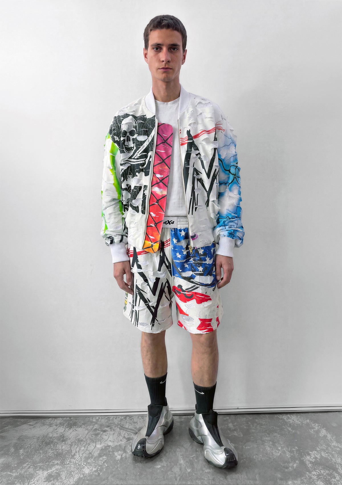 SHREDDED BOMBER JACKET - WHITE